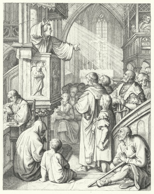 Maarten Luther houdt een preek (gravure) door Gustav Ferdinand Leopold Konig