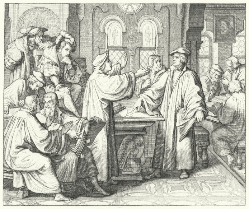 Maarten Luther bespreekt het sacrament met Huldrych Zwingli (gravure) door Gustav Ferdinand Leopold Konig