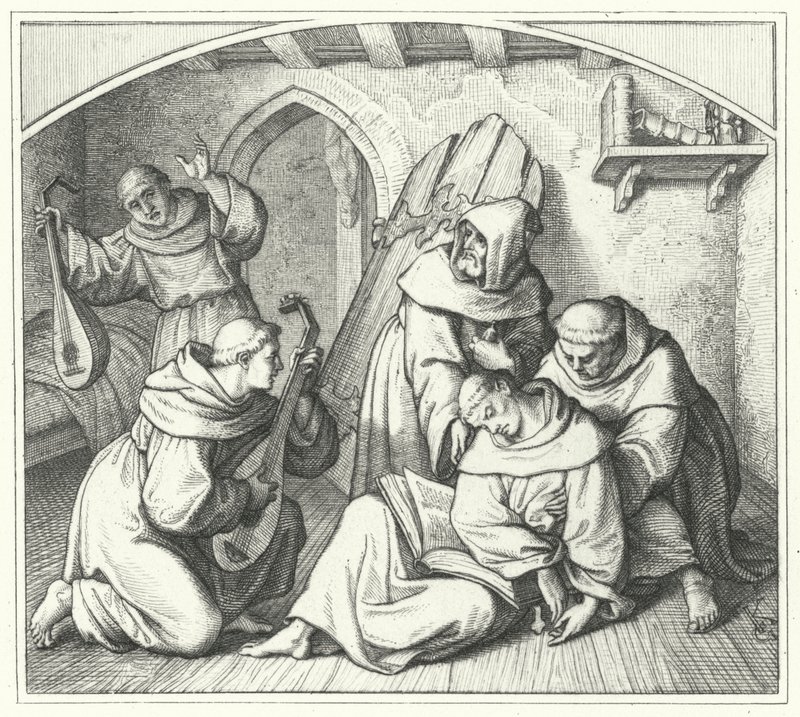 Maarten Luther valt flauw met een Bijbel in zijn hand en zijn vrienden brengen hem weer bij bewustzijn door Gustav Ferdinand Leopold Konig