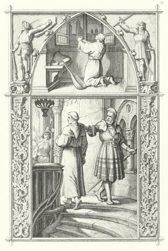 Maarten Luther in gebed ter voorbereiding op de Rijksdag van Worms (boven). Georg von Frundsberg geeft Maarten Luther aanmoediging (onder) (gravure) door Gustav Ferdinand Leopold Konig