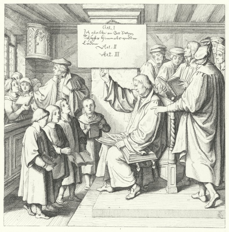 Maarten Luther introduceert de Catechismus aan schoolkinderen (gravure) door Gustav Ferdinand Leopold Konig