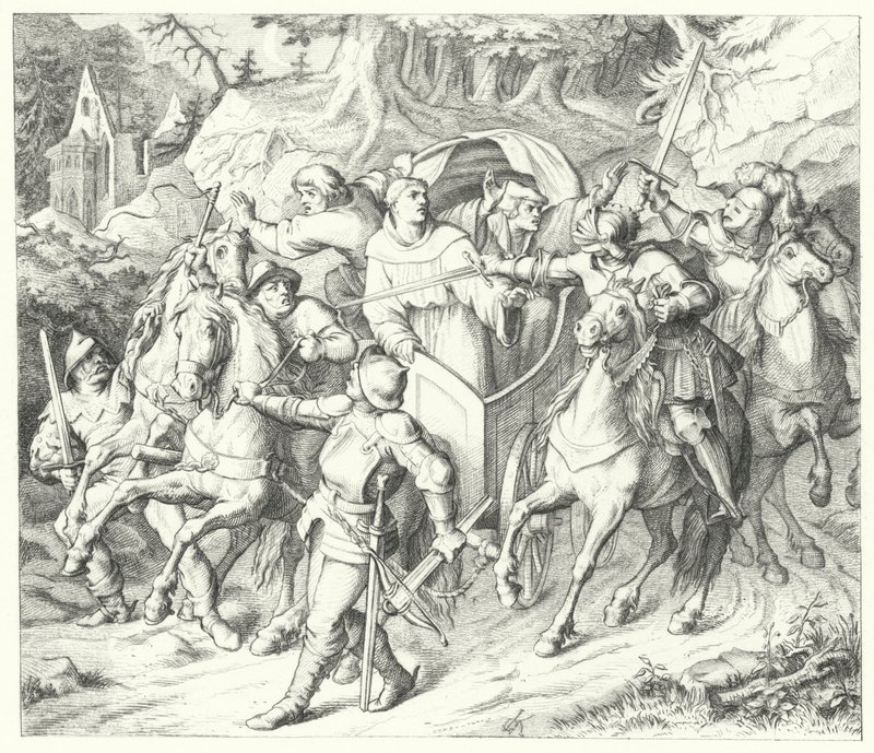 Maarten Luther wordt ontvoerd op zijn terugkeer van de Rijksdag van Worms, 1521 door Gustav Ferdinand Leopold Konig