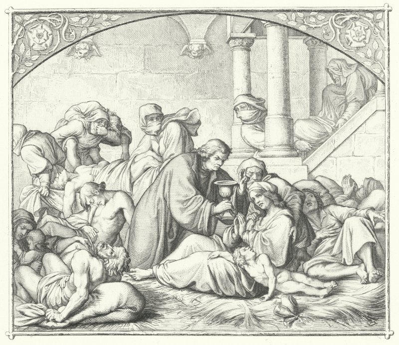Maarten Luther biedt troost aan pestlijders (gravure) door Gustav Ferdinand Leopold Konig