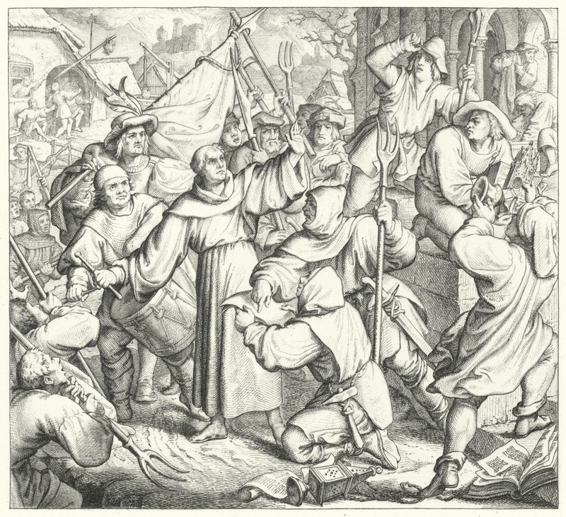 Maarten Luther preekt tegen de rebellen en de Boerenoorlog (gravure) door Gustav Ferdinand Leopold Konig