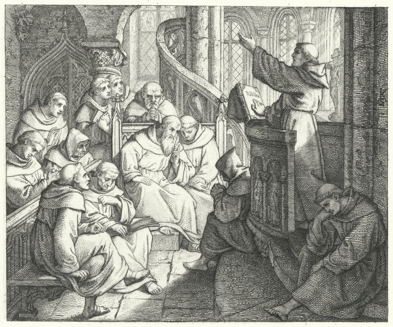 Maarten Luther preekt voor Johann von Staupitz en de andere monniken in het klooster (gravure) door Gustav Ferdinand Leopold Konig