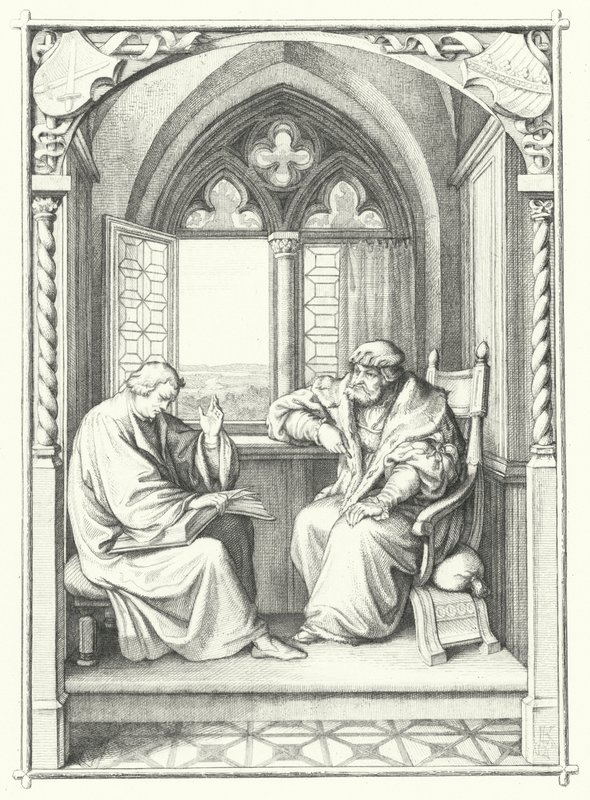 Maarten Luther leest uit de Bijbel voor aan Johan, keurvorst van Saksen (gravure) door Gustav Ferdinand Leopold Konig