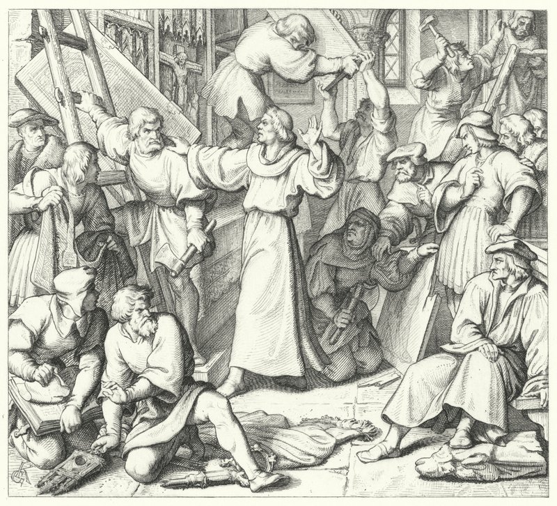 Maarten Luther weerhoudt de beeldenstormers in Wittenberg (gravure) door Gustav Ferdinand Leopold Konig