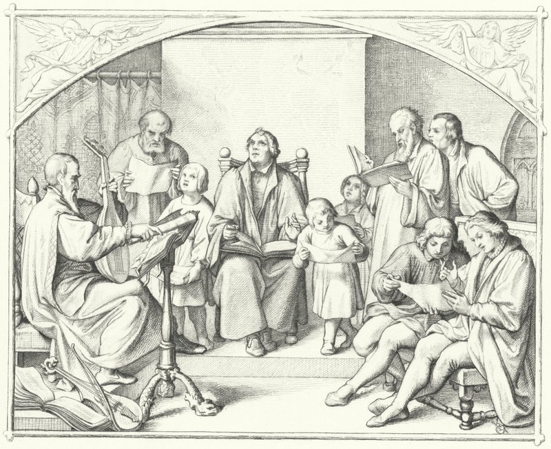 Maarten Luther zingt met een kerkkoor (gravure) door Gustav Ferdinand Leopold Konig
