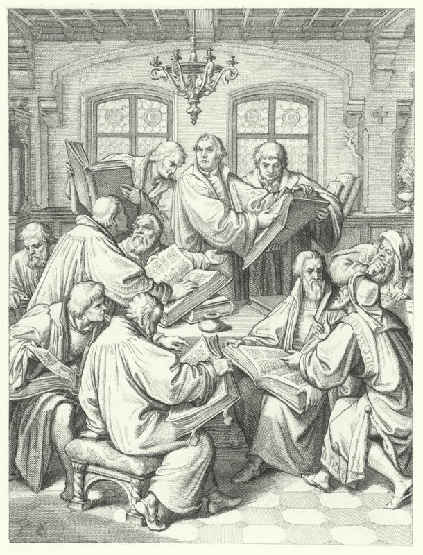 Maarten Luther vertaalt de bijbel in het Duits (gravure) door Gustav Ferdinand Leopold Konig