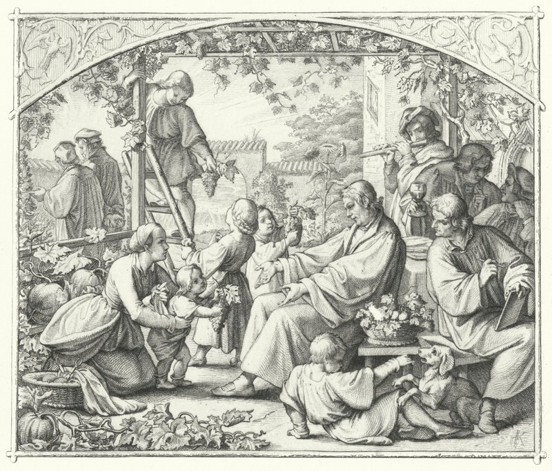 Maarten Luther met zijn familie en enkele van zijn tijdgenoten genietend van de zomer (gravure) door Gustav Ferdinand Leopold Konig