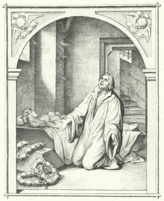 Martin Luther met het dode lichaam van zijn dochter Magdalena, 1542 door Gustav Ferdinand Leopold Konig