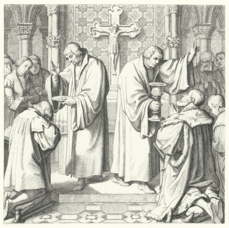 De Heilige Communie getoond in zowel protestantse als katholieke vormen (gravure) door Gustav Ferdinand Leopold Konig
