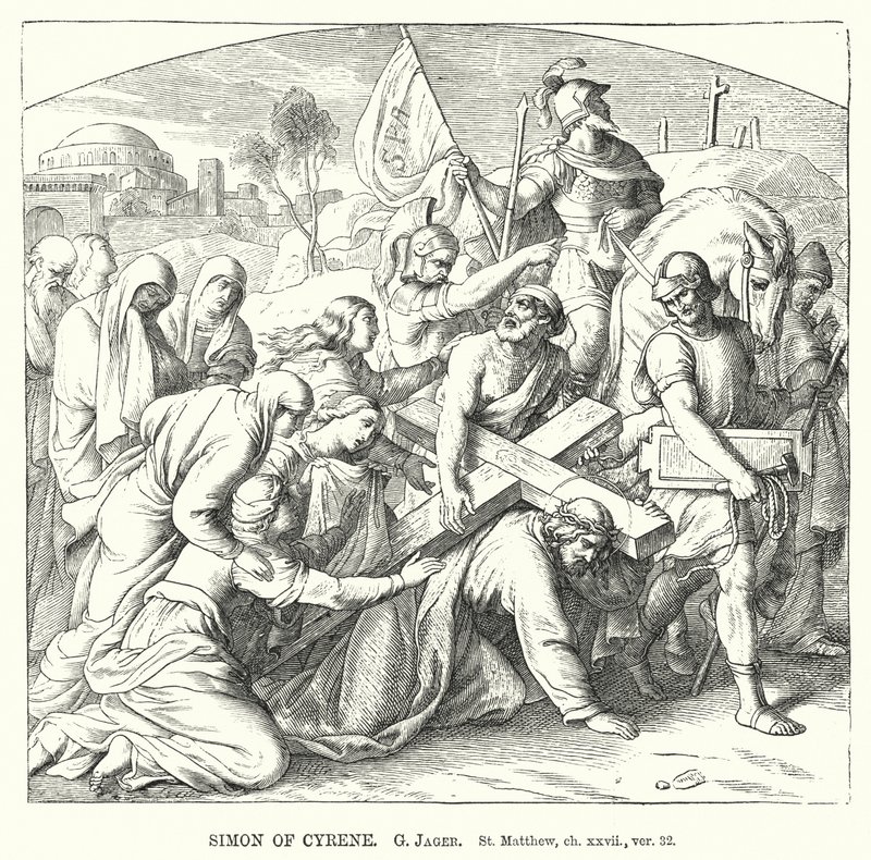 Simon van Cyrene, Mattheüs, hoofdstuk xxvii, vers 32 (gravure) door Gustav Jager