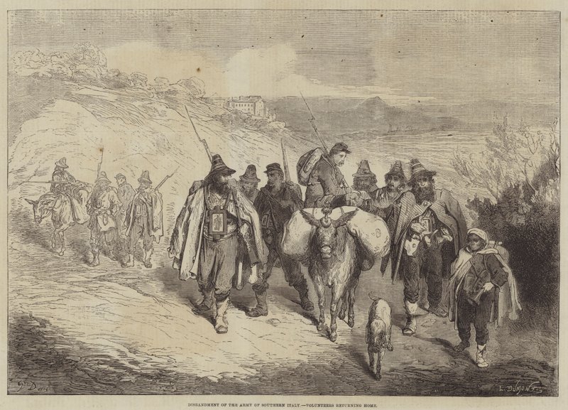 Ontbinding van het Leger van Zuid-Italië, vrijwilligers keren terug naar huis door Gustave Dore