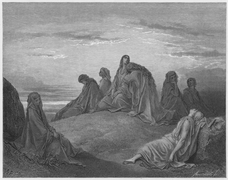 De dochters van Israël betreuren de dochter van Jefta door Gustave Dore