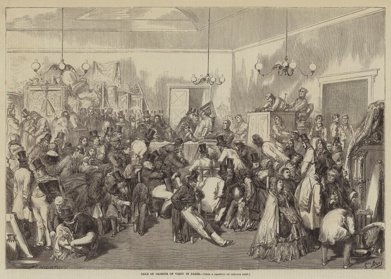 Verkoop van kunstvoorwerpen in Parijs door Gustave Dore
