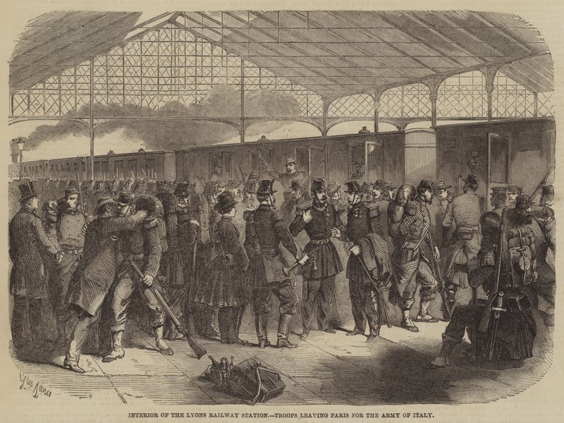 Interieur van het Lyon treinstation, troepen verlaten Parijs voor het leger van Italië door Gustave Janet