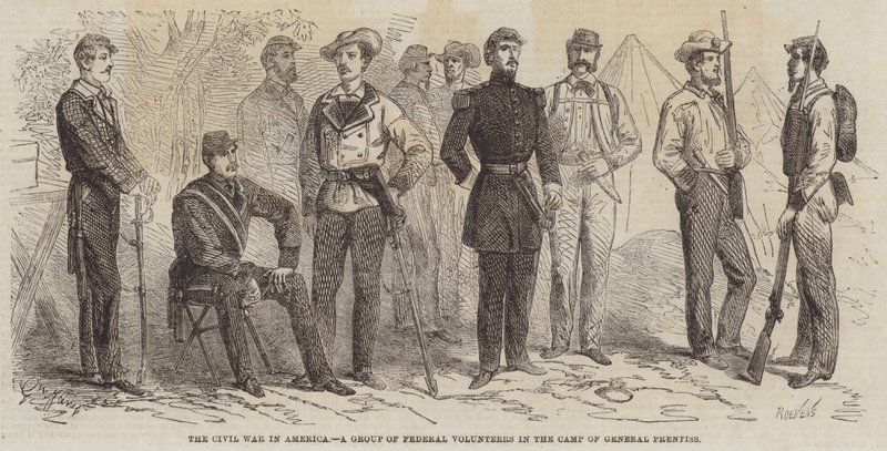 De Burgeroorlog in Amerika, een Groep Federale Vrijwilligers in het Kamp van Generaal Prentiss door Gustave Janet
