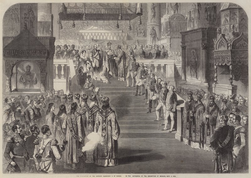 De Kroning van Keizer Alexander II van Rusland, in de Kathedraal van de Hemelvaart door Gustave Janet