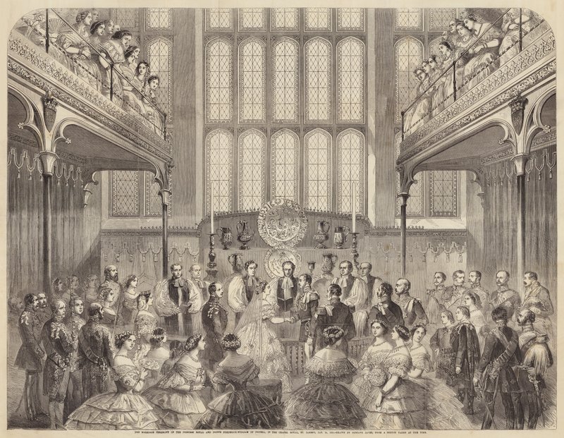 De huwelijksceremonie van de prinses Royal en prins Frederik-Willem van Pruisen, in de kapel door Gustave Janet