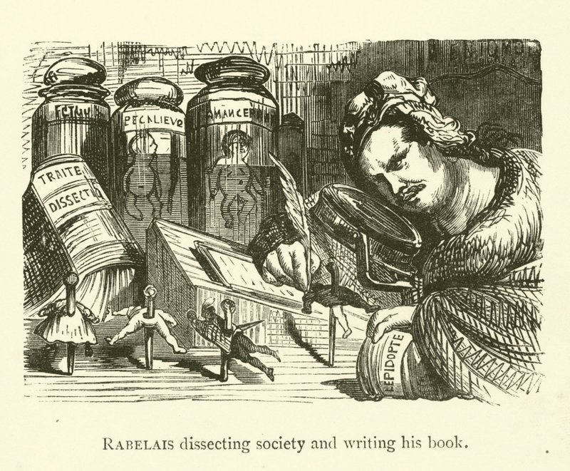 Rabelais ontleedt de samenleving en schrijft zijn boek door Gustave after Dore