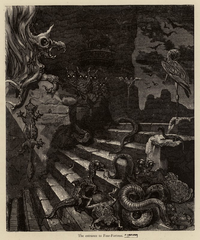 De ingang van de Angstburcht door Gustave after Dore