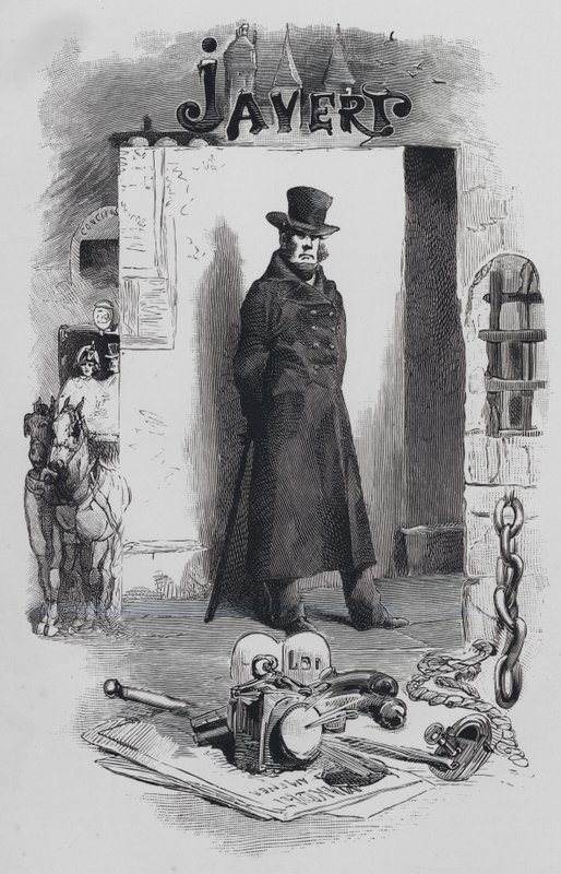 Scène uit Les Miserables, door Victor Hugo: Javert, de detective (gravure) door Gustave (after) Brion