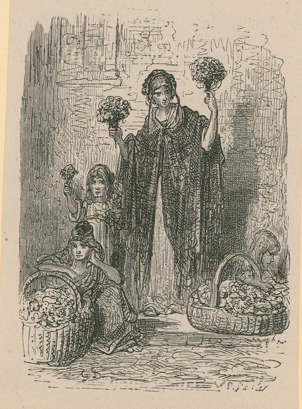 Een groep jonge vrouwen die bloemen uit manden verkopen door Gustave Dore