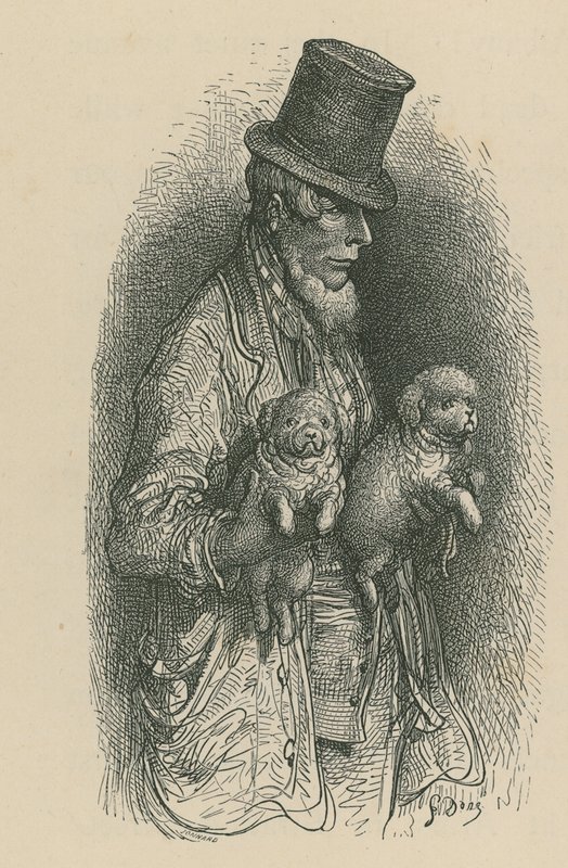 Een man met een hoge hoed die twee honden vasthoudt door Gustave Dore