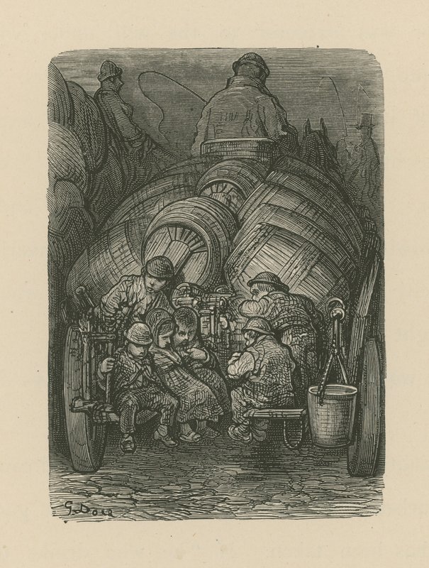 Kinderen zittend op de achterkant van een brouwerij bezorgwagen door Gustave Dore