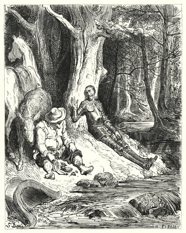 Een heldere fontein, die Don Quichot en Sancho tussen enkele groene bomen vonden, diende om hen te verfrissen (gravure) door Gustave Dore