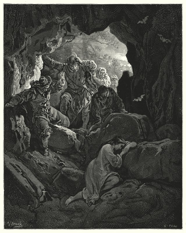 Don Quichot van Gustave Doré: "Een groep met officieren wordt uitgezonden ... die de arme verliefde Leandra in een grot van een van de bergen vinden" door Gustave Dore