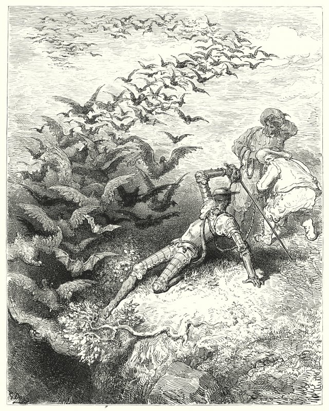 Don Quichot van Gustave Doré: "Een oneindig aantal overwoekerde kraaien en kauwen kwam uit de grot stormen en fladderen" door Gustave Dore