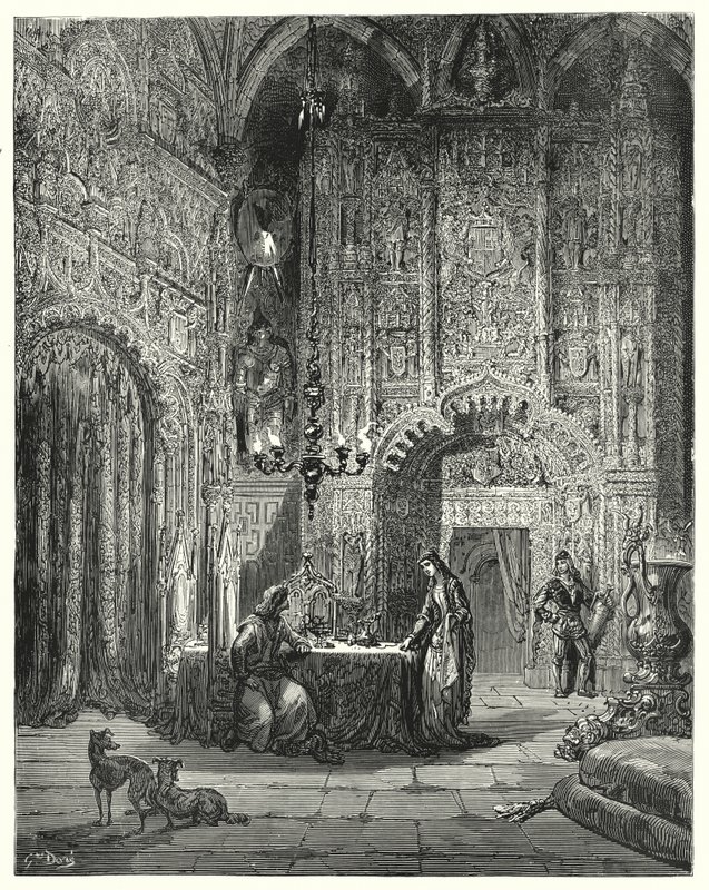 Een andere jonkvrouw komt de kamer binnen en begint hem te vertellen welk kasteel dat is en hoe zij erin betoverd is (gravure) door Gustave Dore