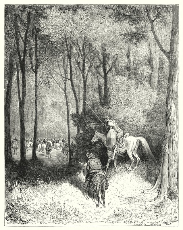 Don Quichot zag een gezelschap, dat hij bij nader inzien als personen van kwaliteit beschouwde (gravure) door Gustave Dore