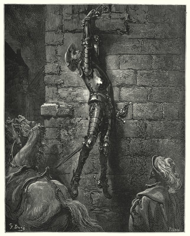 Hij zou onvermijdelijk op de grond zijn gevallen, als zijn pols niet stevig aan het touw was vastgemaakt (gravure) door Gustave Dore