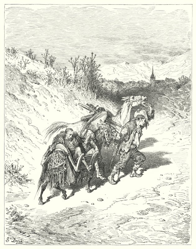 Don Quichot van Gustave Doré: "Hij leidde hen allemaal naar het dorp en liep zelf te voet, zeer peinzend" door Gustave Dore