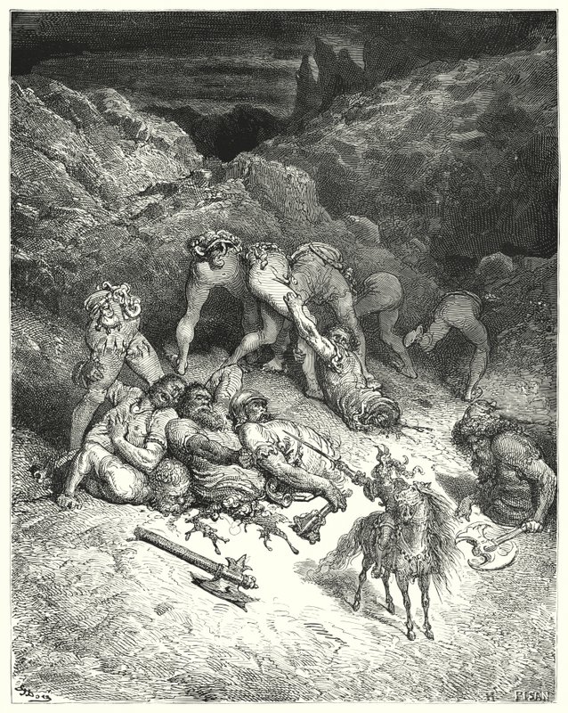 Hoe Felixmarte vijf reuzen in tweeën sneed (gravure) door Gustave Dore