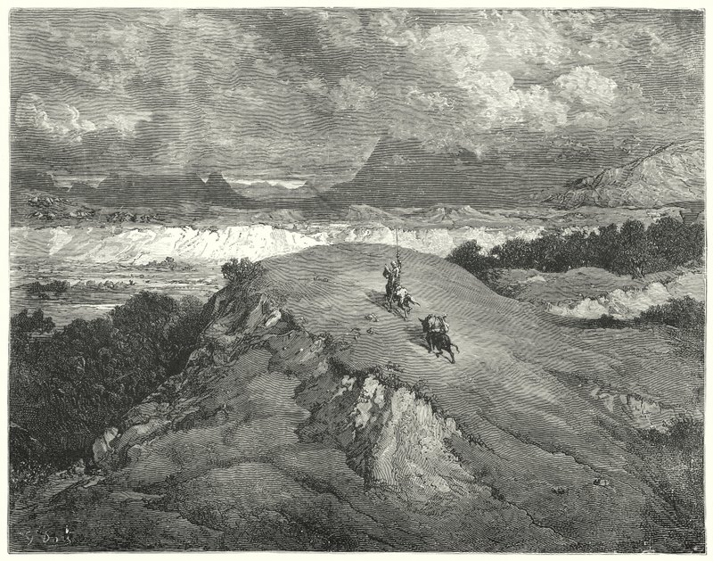 Het was nacht voordat onze twee reizigers het meest verlaten deel van de berg bereikten (gravure) door Gustave Dore