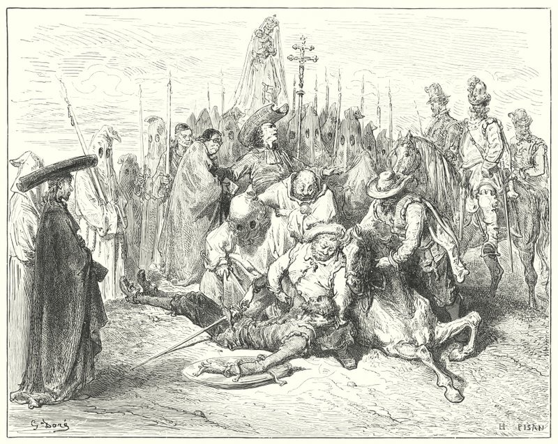 De jammerlijke klanken van de stem van de schildknaap riepen Don Quichot eindelijk tot zichzelf (gravure) door Gustave Dore