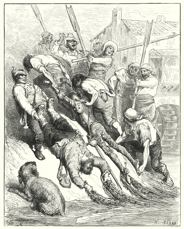 Ze werden beiden aan land gesleept, meer doorweekt dan dorstig (gravure) door Gustave Dore