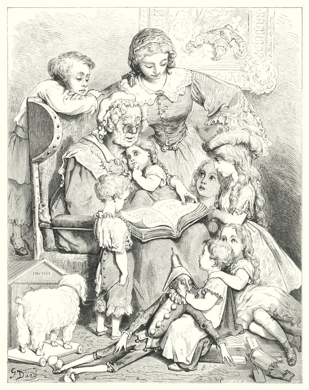 Het lezen van verhalen in familiekring (gravure) door Gustave Dore