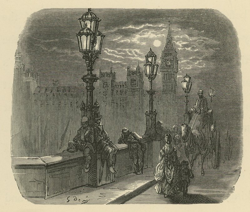 Mensen en koetsen op Westminster Bridge door Gustave Dore