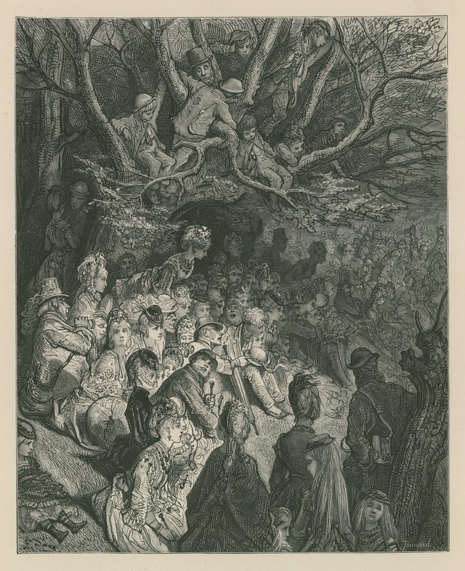 Toeschouwers die een bootrace bekijken vanaf een rivierbank door Gustave Dore