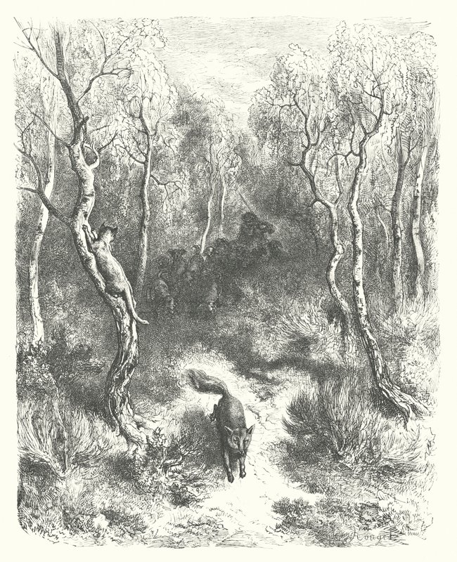 De Fabels van La Fontaine: De Kat en de Vos door Gustave Dore