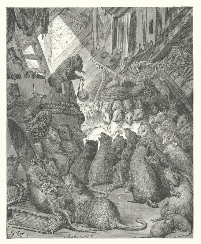 De Fabels van La Fontaine: De Raad gehouden door de Ratten (gravure) door Gustave Dore
