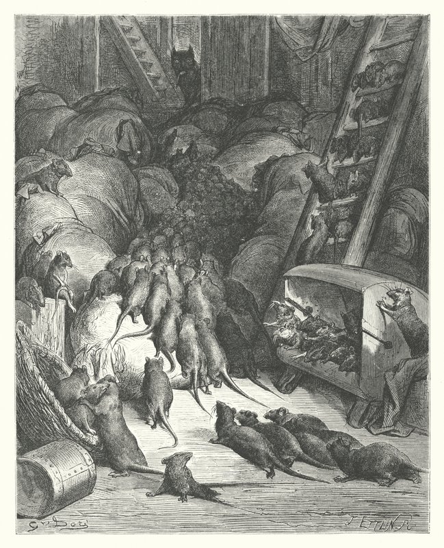 De Fabels van La Fontaine: De Liga van de Ratten door Gustave Dore