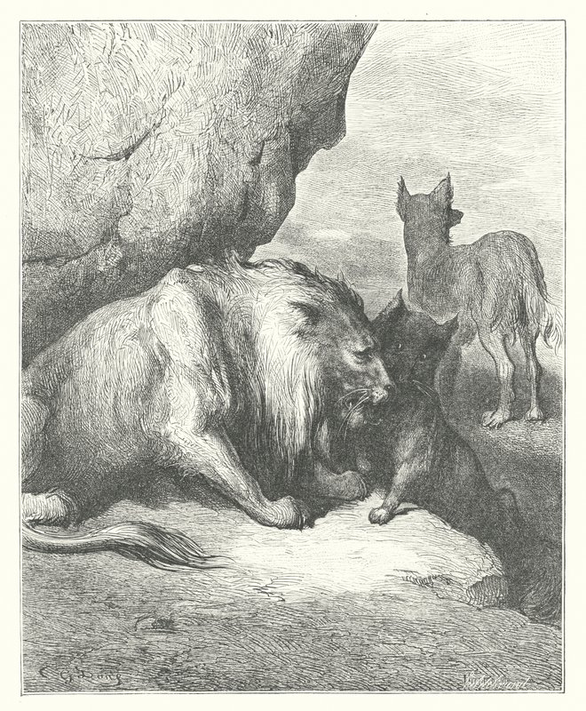 De Fabels van La Fontaine: De Leeuw, de Wolf en de Vos door Gustave Dore
