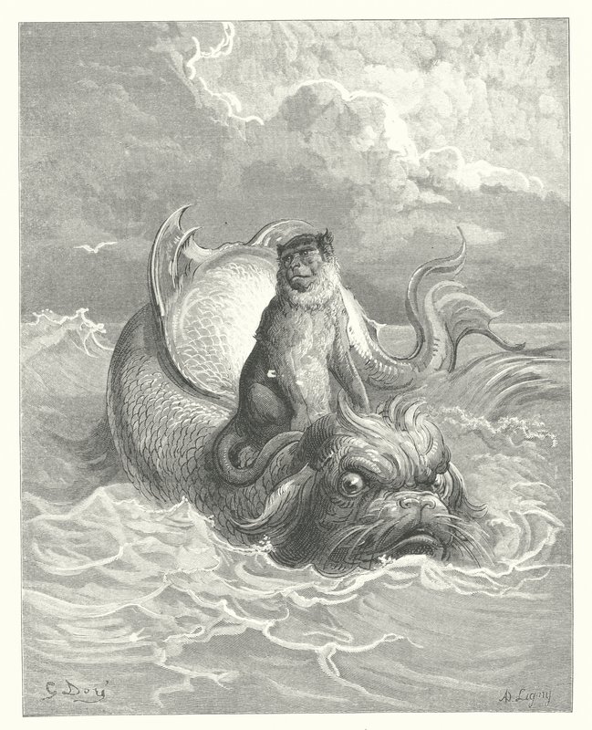 De fabels van La Fontaine: De aap en de dolfijn (gravure) door Gustave Dore