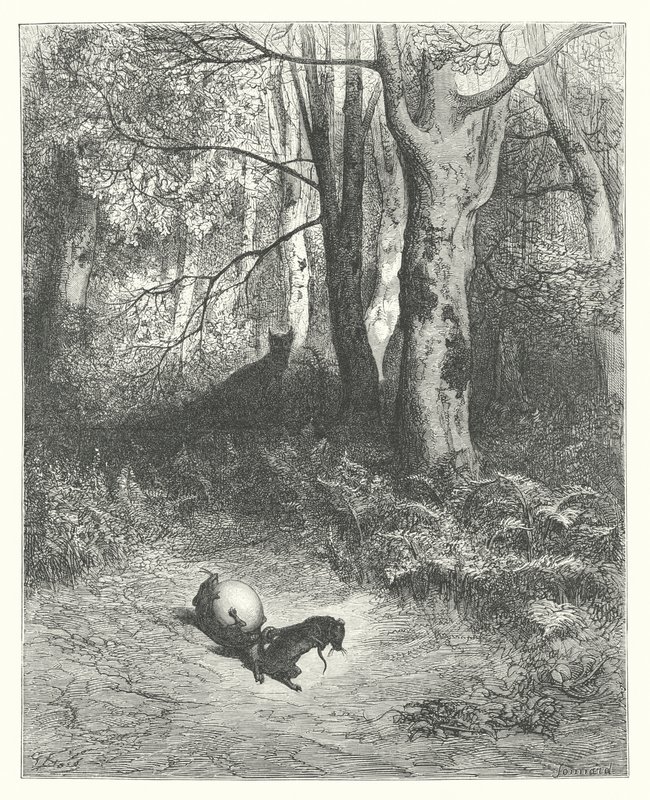 De fabels van La Fontaine: De twee ratten, de vos en het ei (gravure) door Gustave Dore